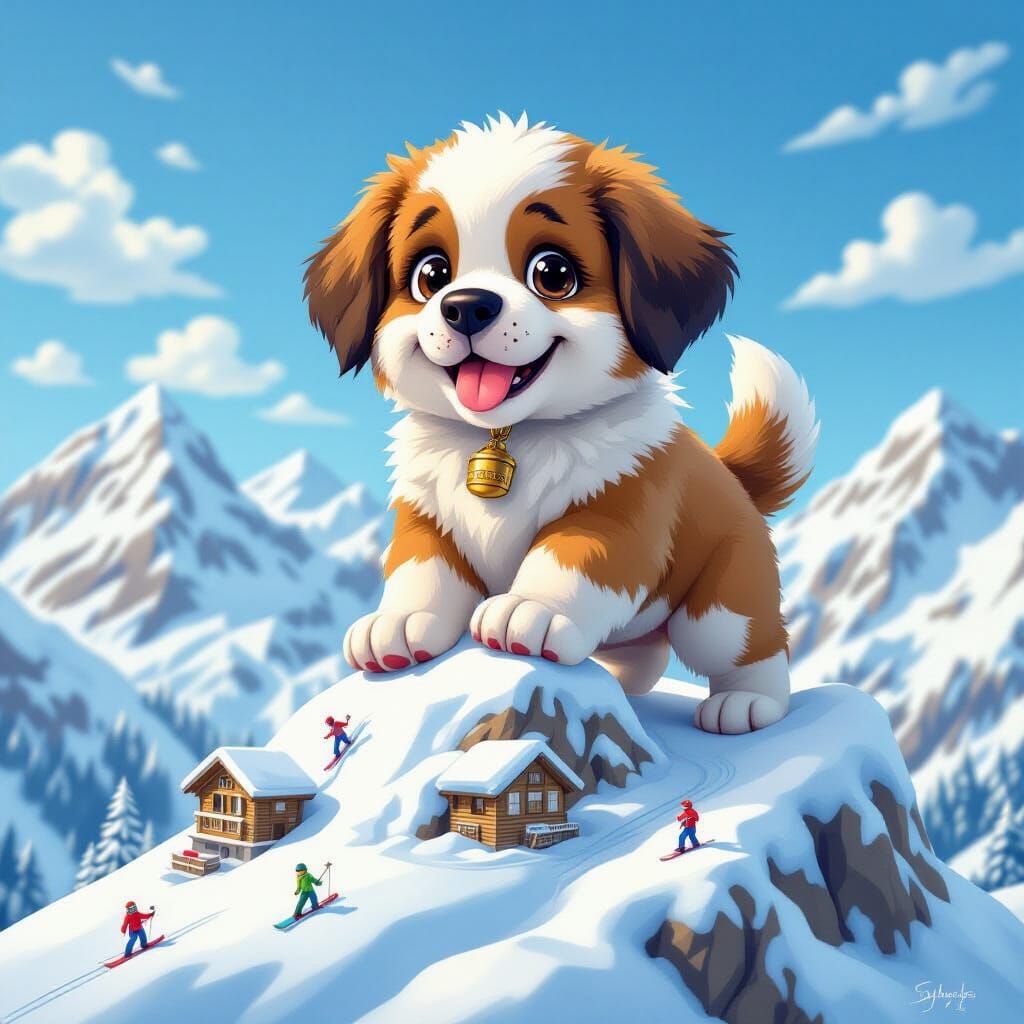 Giant St. Bernard Puppy Climbs Miniature Swiss Alps Ski Reso...