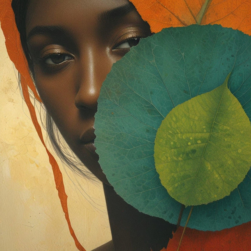 Mysterious Face Encircled by Twisted Leaves in a Neutral Bac...