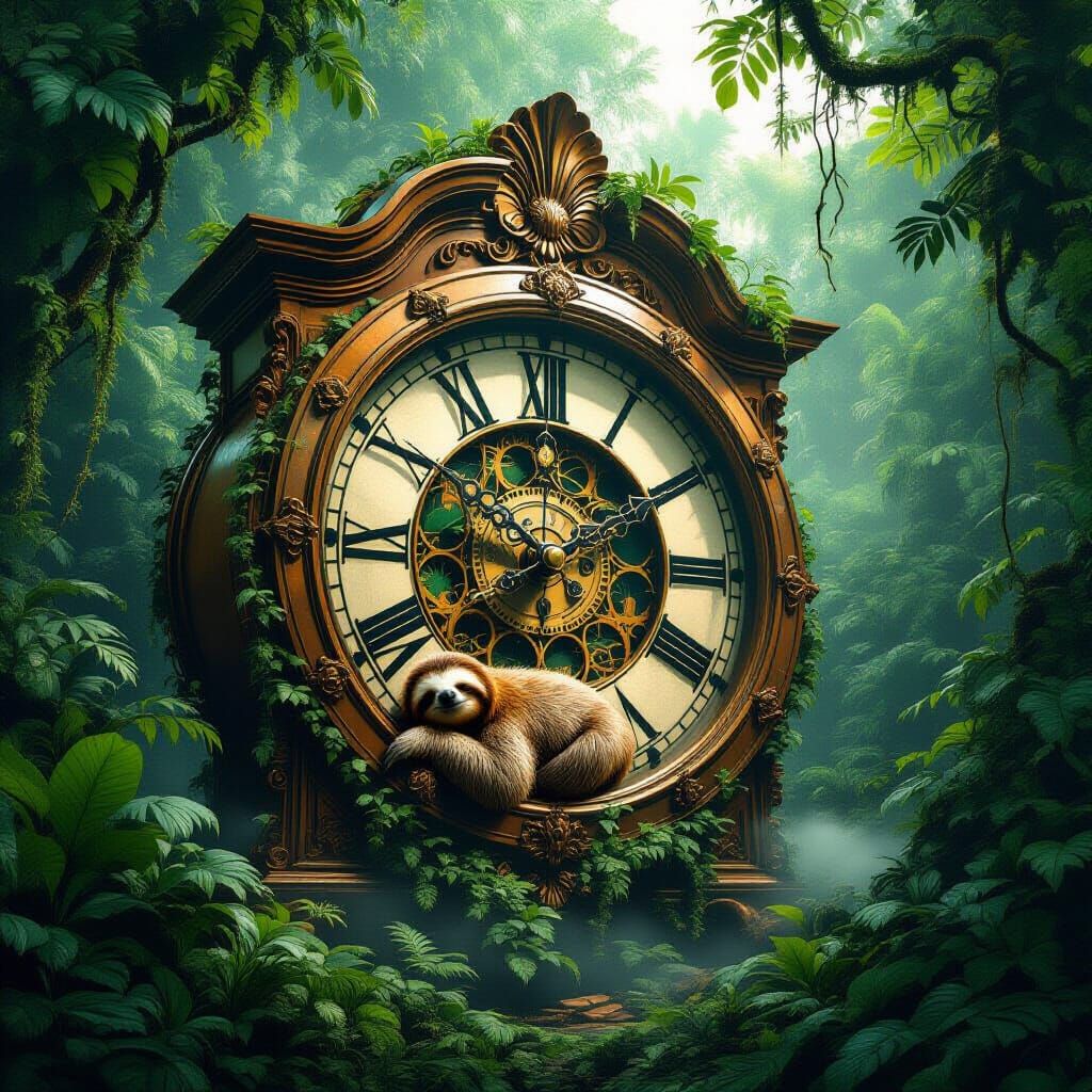 Jungle Grandfather Clock with Sleeping Sloth in Cinematic St...