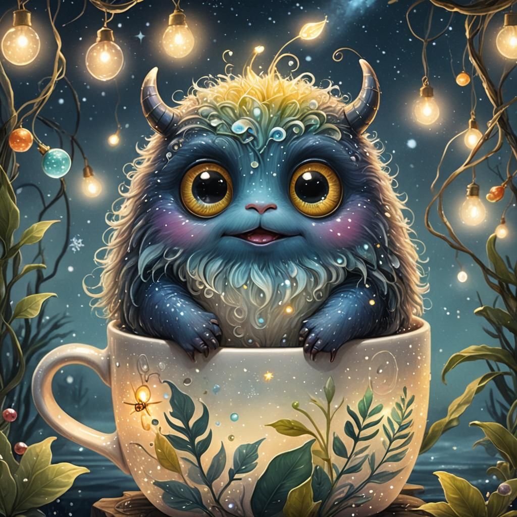 Dreamy Monster in Starry Ocean: Pastel Colored Pencil Art