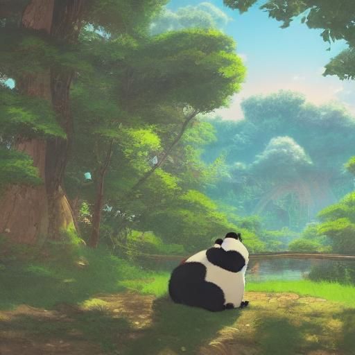 Fat Panda Sitting in Studio Ghibli Style