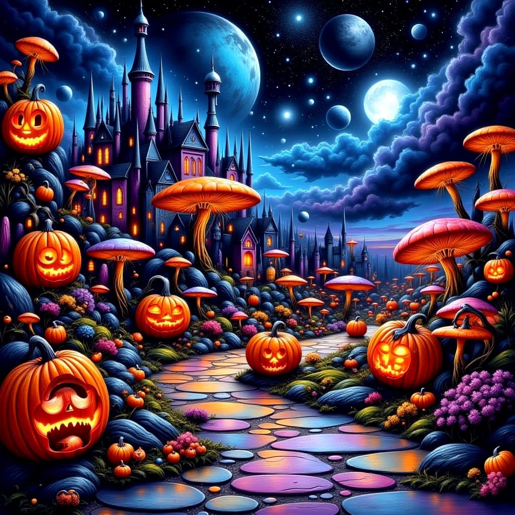 "Jack-o’-Lantern Way: A Pumpkin Path to the Moonlit Castle"
