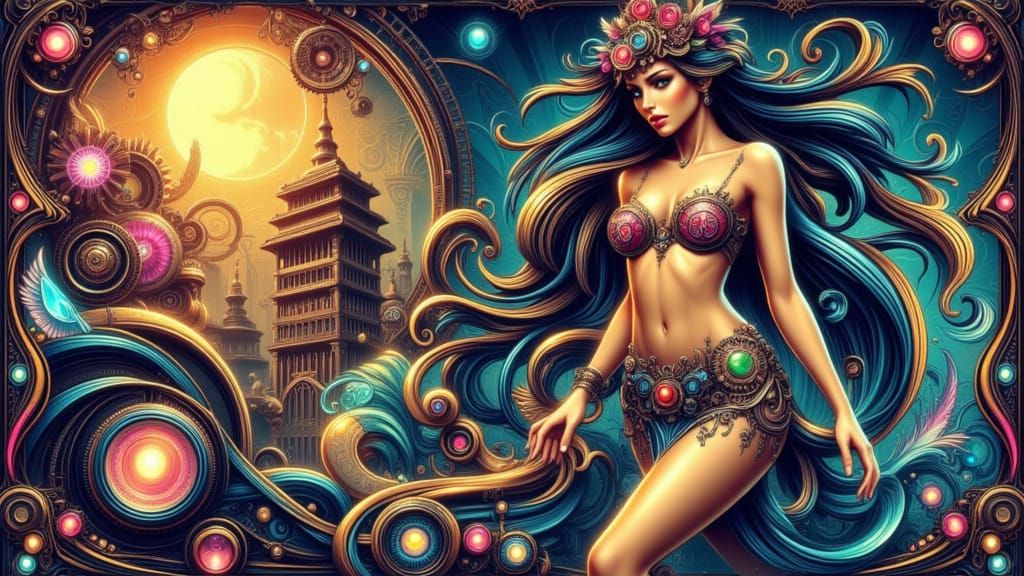 Art Nouveau Woman at Machu Picchu in Cyber-Fantasy Style