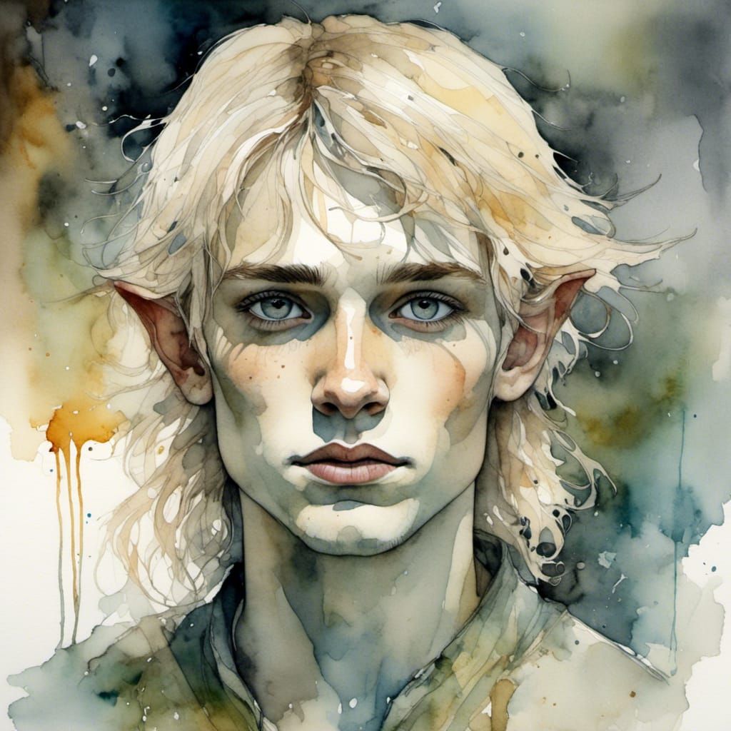 Watercolor Elf-Lord Portrait in Neurographic Ink Style