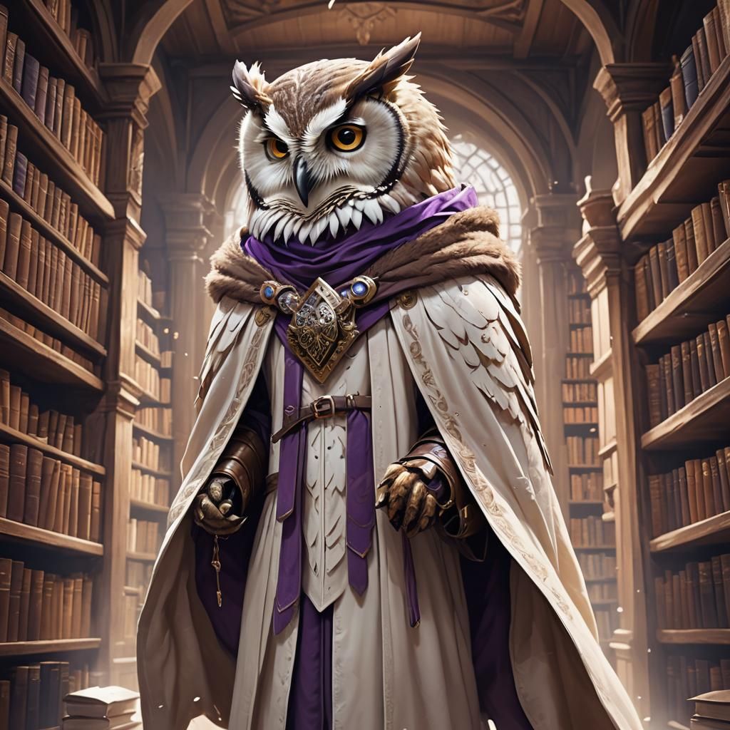 Anthropomorphic Owl Scholar in Magical Library