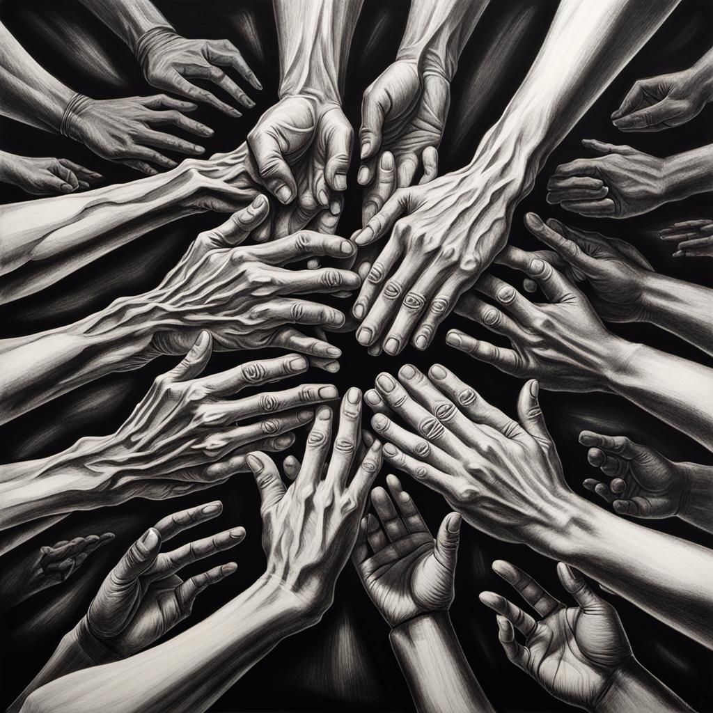 Charcoal Drawing of Hands Reaching from Cross