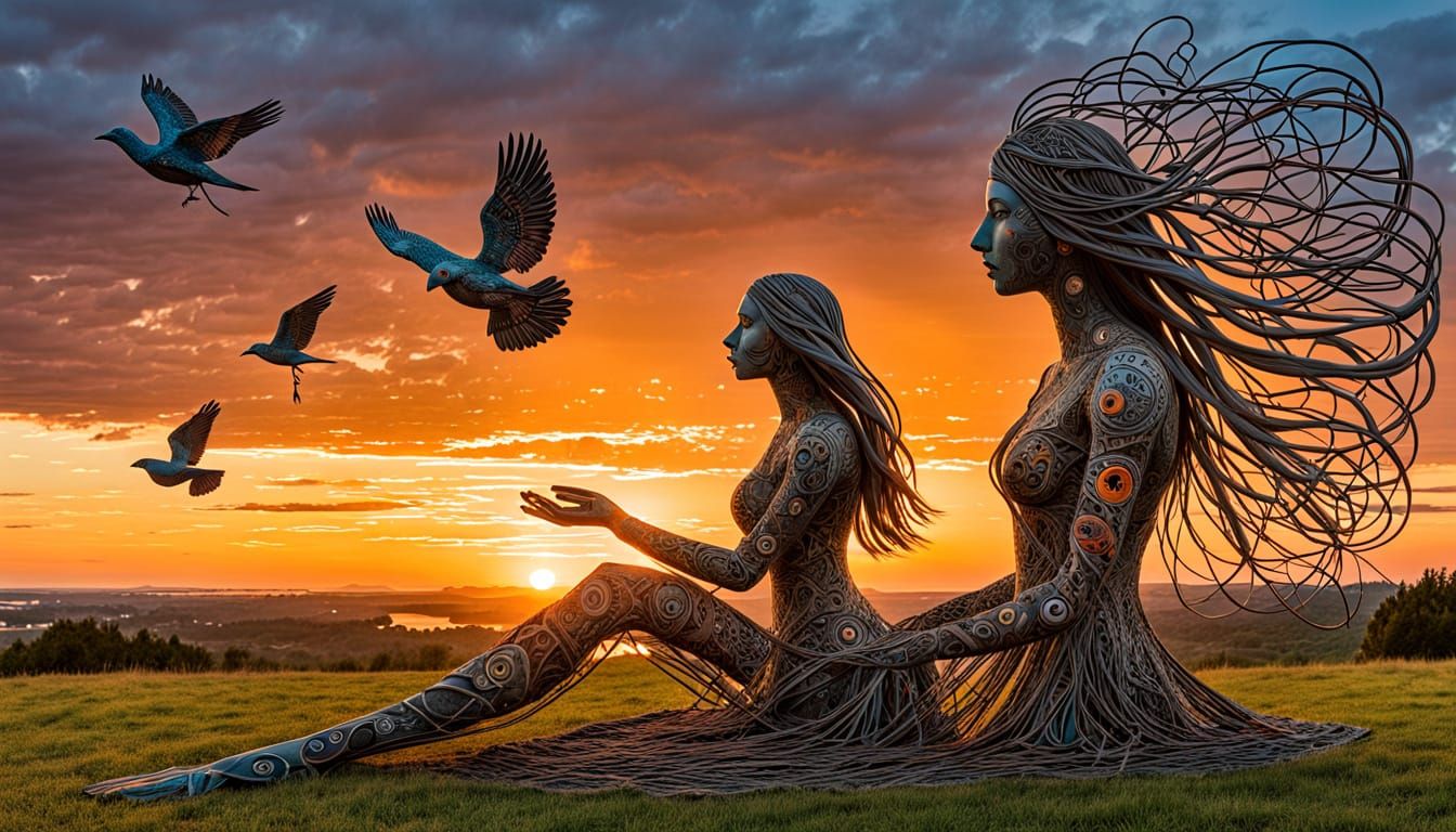 Surreal Fragmented Sculpture of Woman at Sunset
