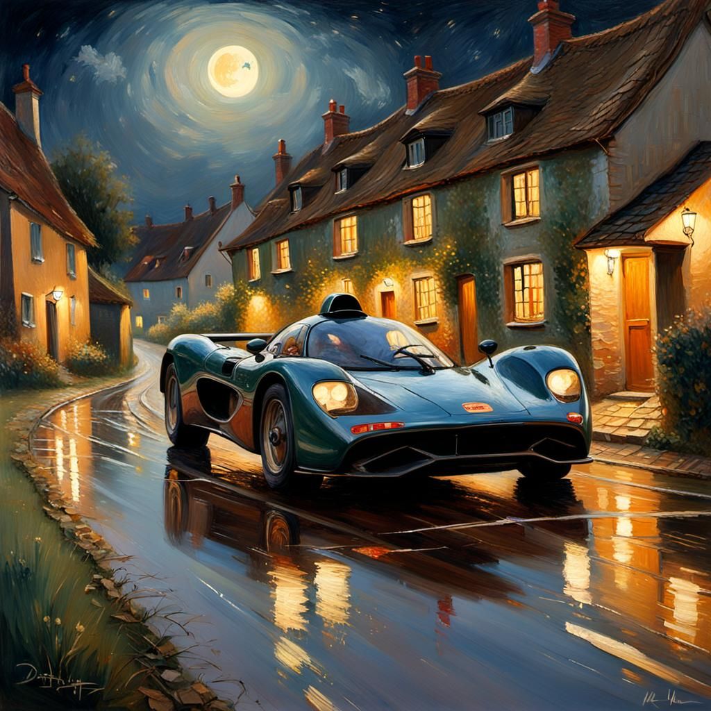 McLaren F1 Races Through Village: Oil Painting