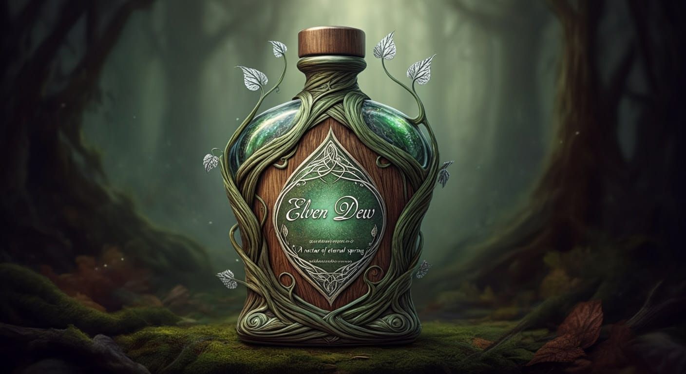 Ethereal Elven Liquor Bottle in Whimsical Art Style