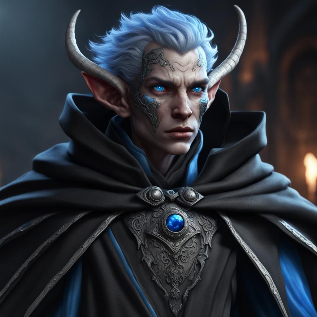 Grey Tiefling in Black Cape: Fantasy Art