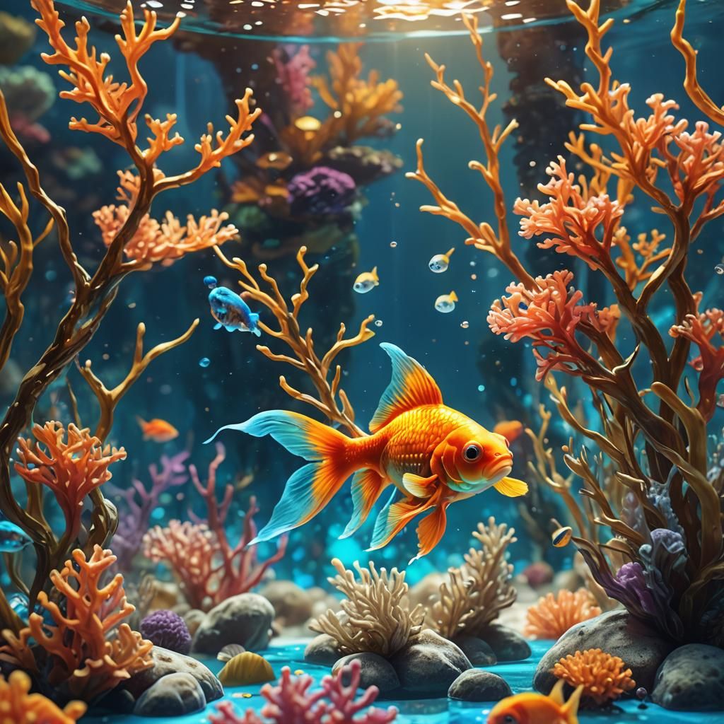 Cute Goldfish in Fantasy Coral Tank Art
