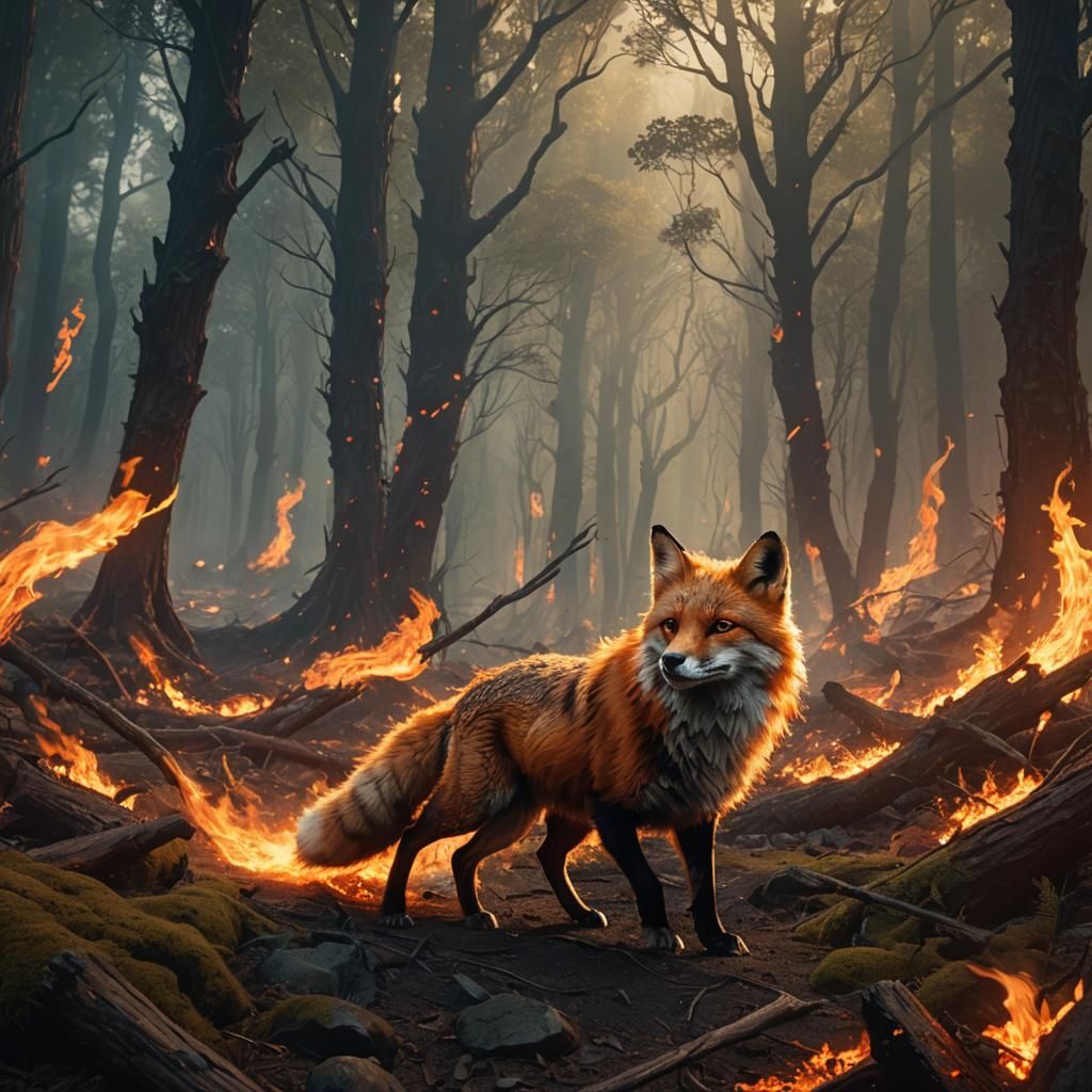 War Fox Charging Through Burning Forest