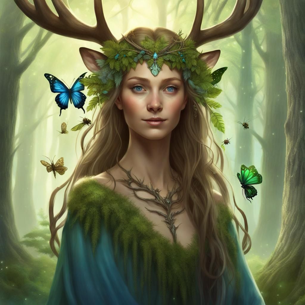 Forest Goddess with Deer Antlers and Butterfly Wings