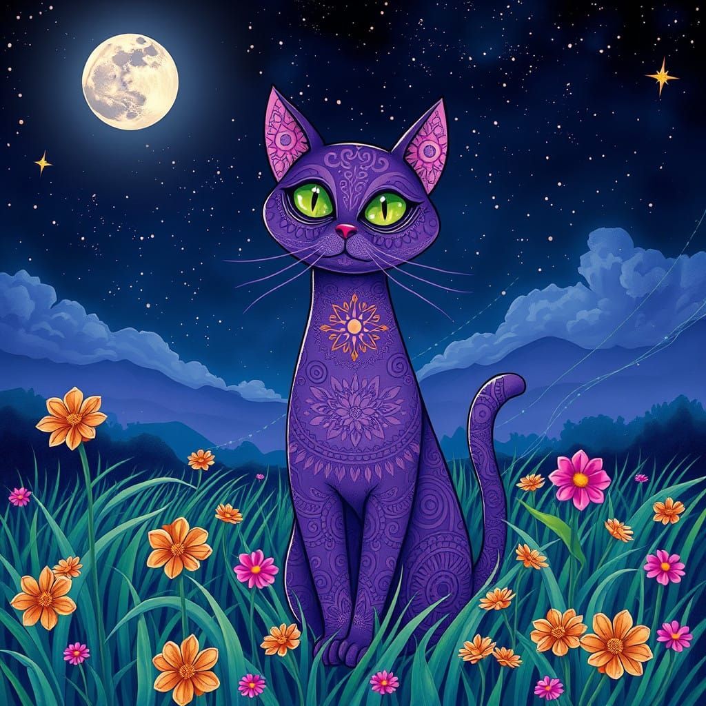 Whimsical Moonlit Cat Amidst Vibrant Wildflowers