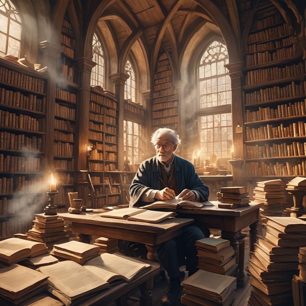 Mystical Library Scene with Elderly Writer
