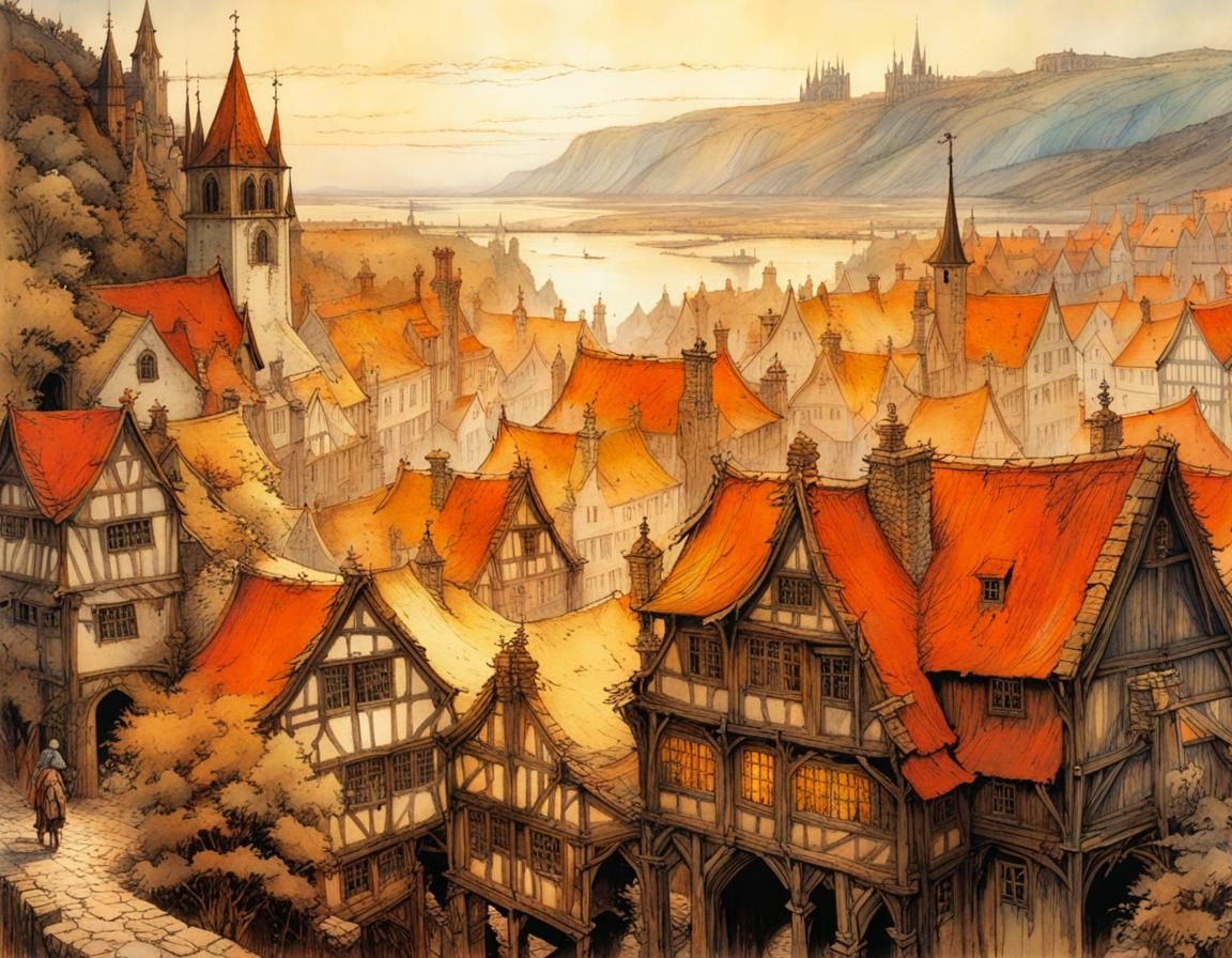 Mysterious Medieval Town by Famous Artists