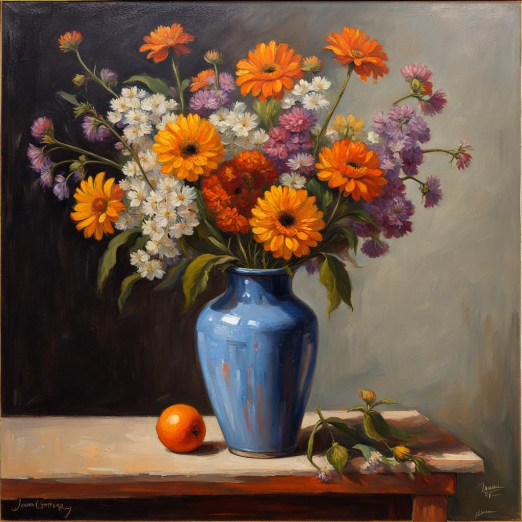 Vase of Flowers Still Life as Oil Painting