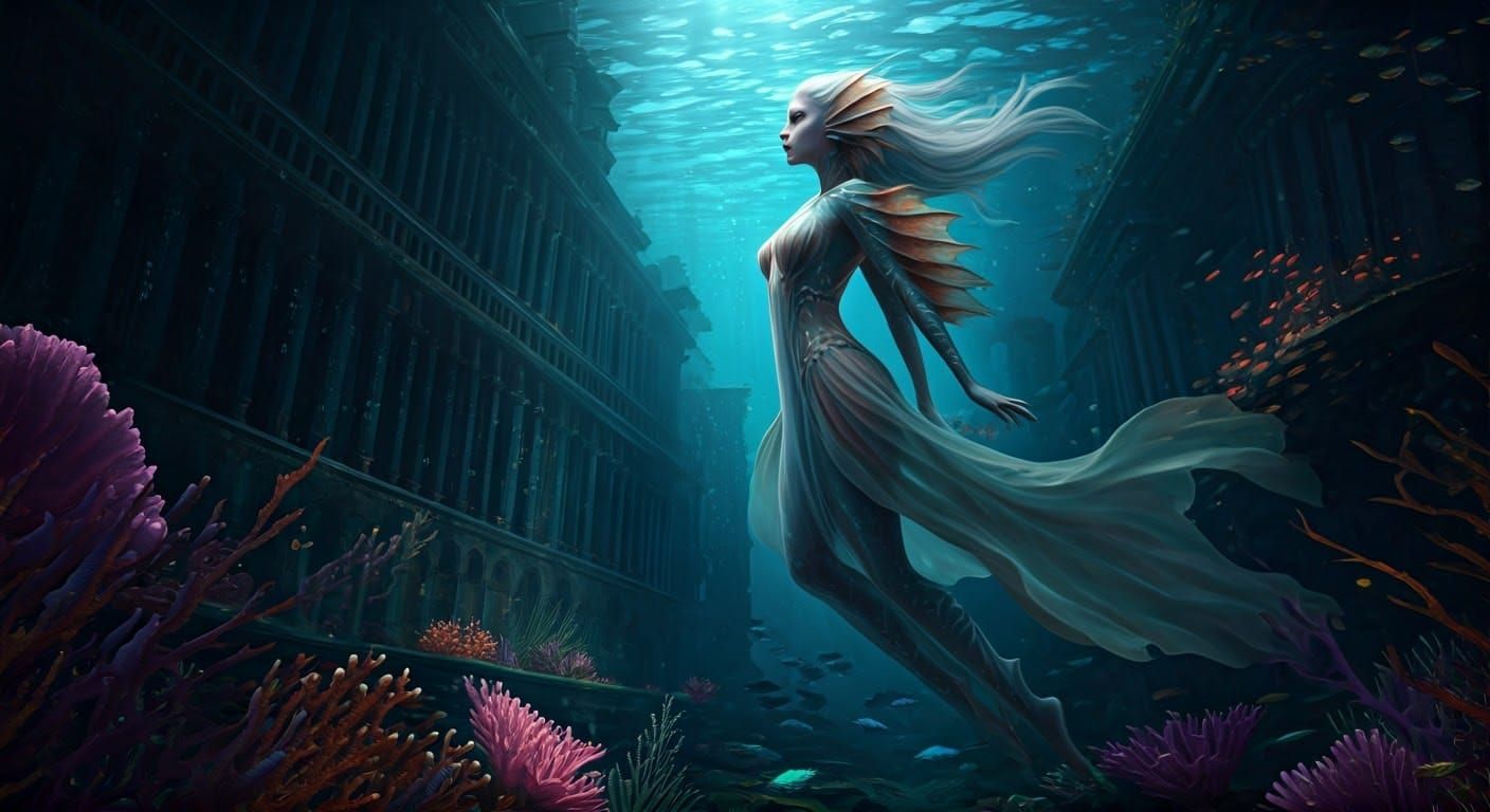 Aasimar Explores Sunken City in Fantasy Style