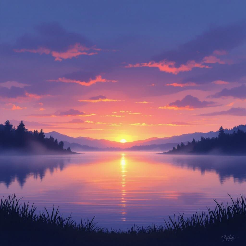 Sunrise Over Serene Lake with Ethereal Mist
