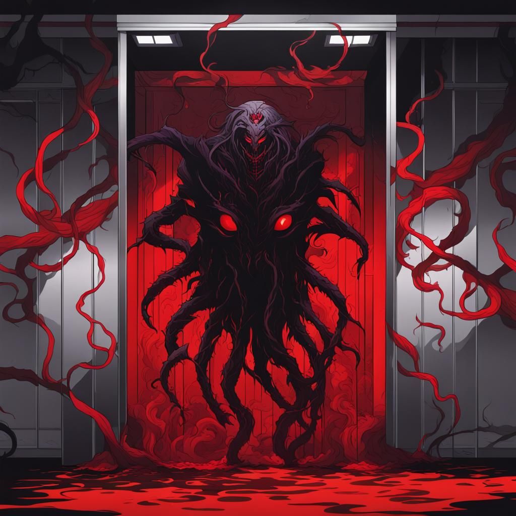 Red and Black Eldritch Monster in Elevator