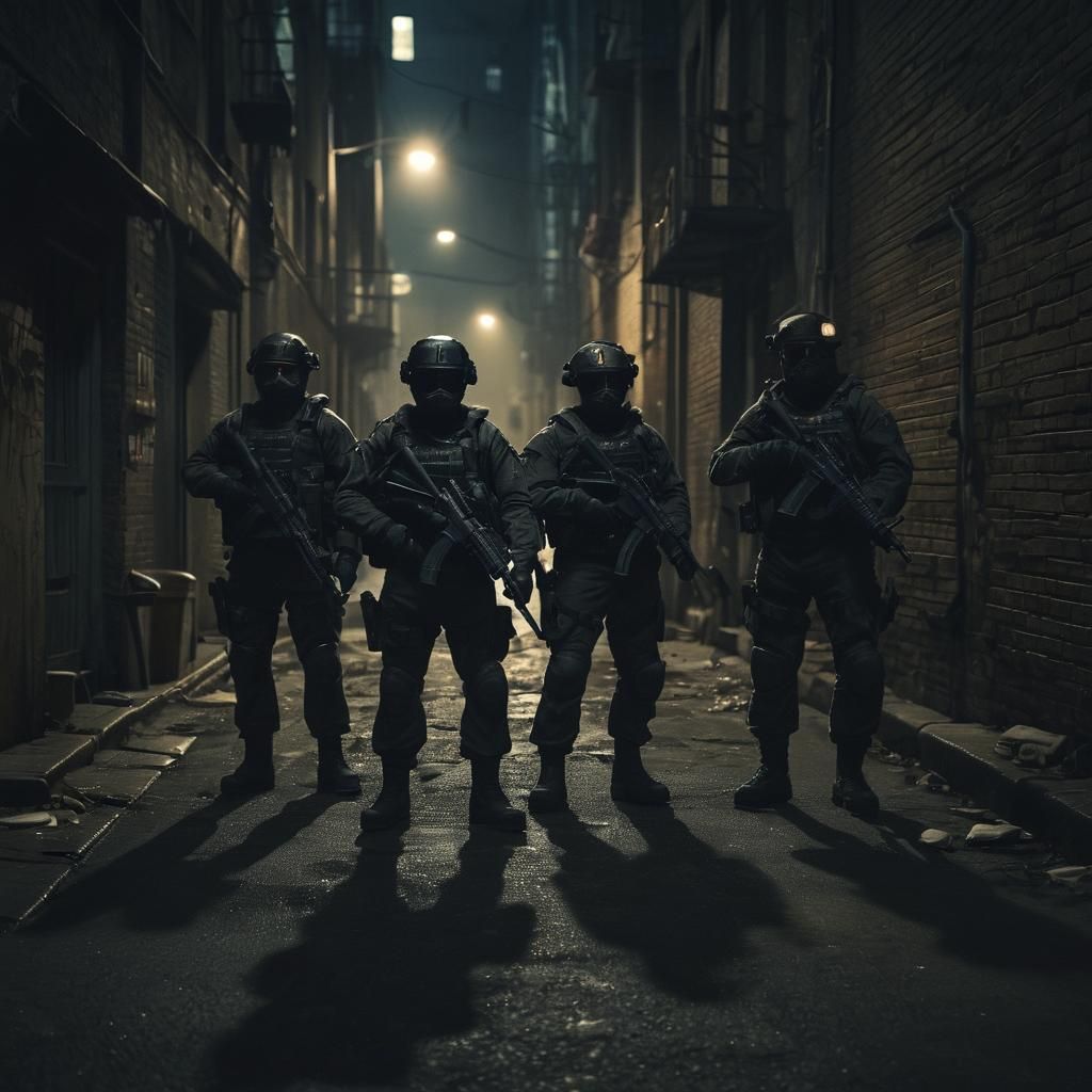 Gritty Tactical Team in Dark Alleyway