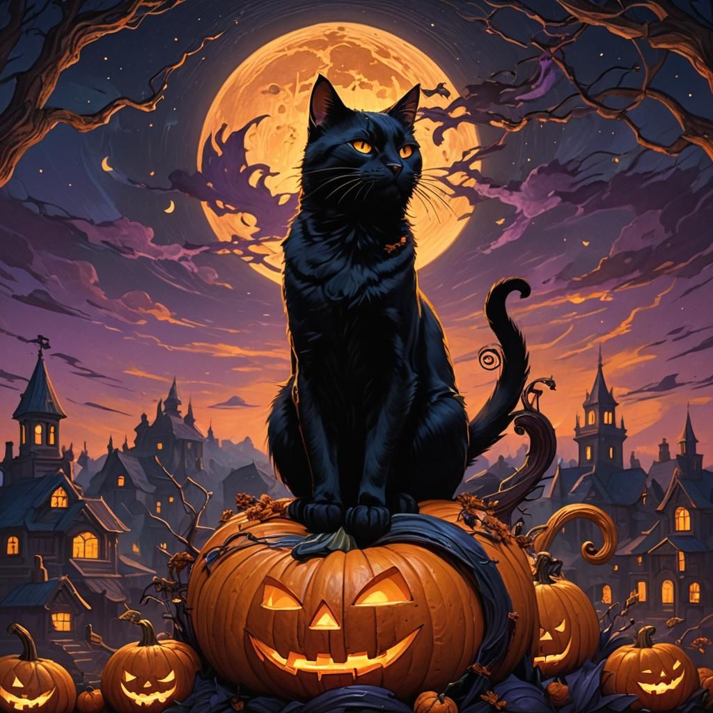 Black Cat on Jack-o'-Lantern in Dark Fantasy Style