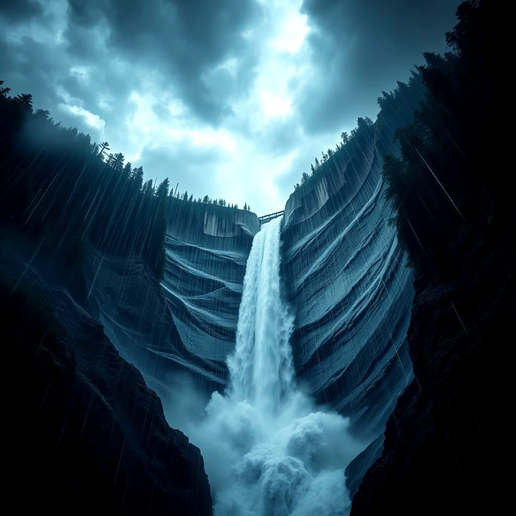 Majestic Dam Wall Roaring with Water During Thunderstorm