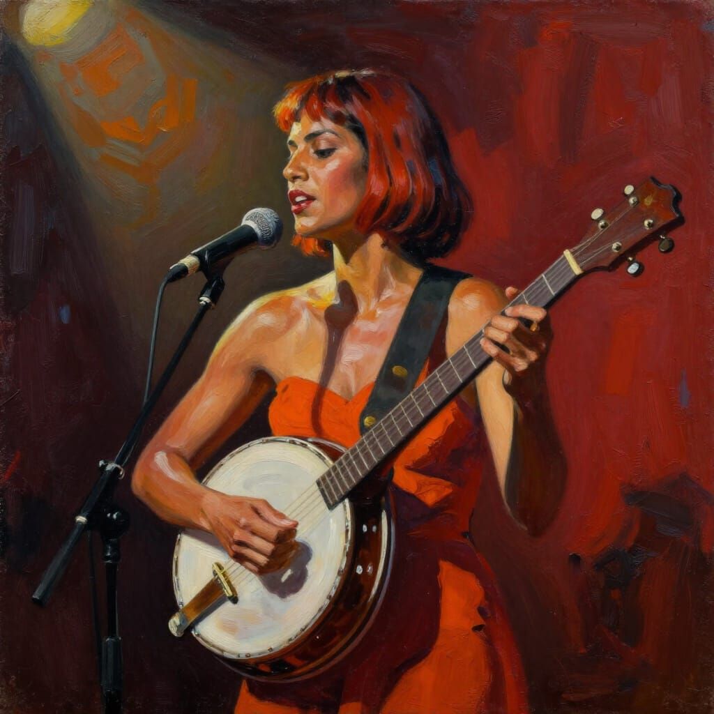 Conte Crayon Painting of a Banjo Player Under Spotlight