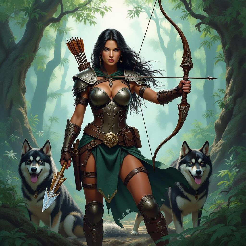 Amazon Goddess and Warrior in Mystical Forest