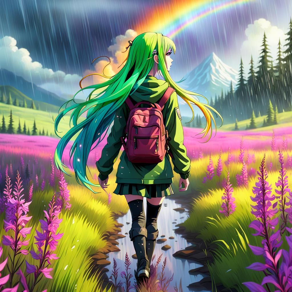 Anime Girl Hiking Through Fireweed Field in Rain