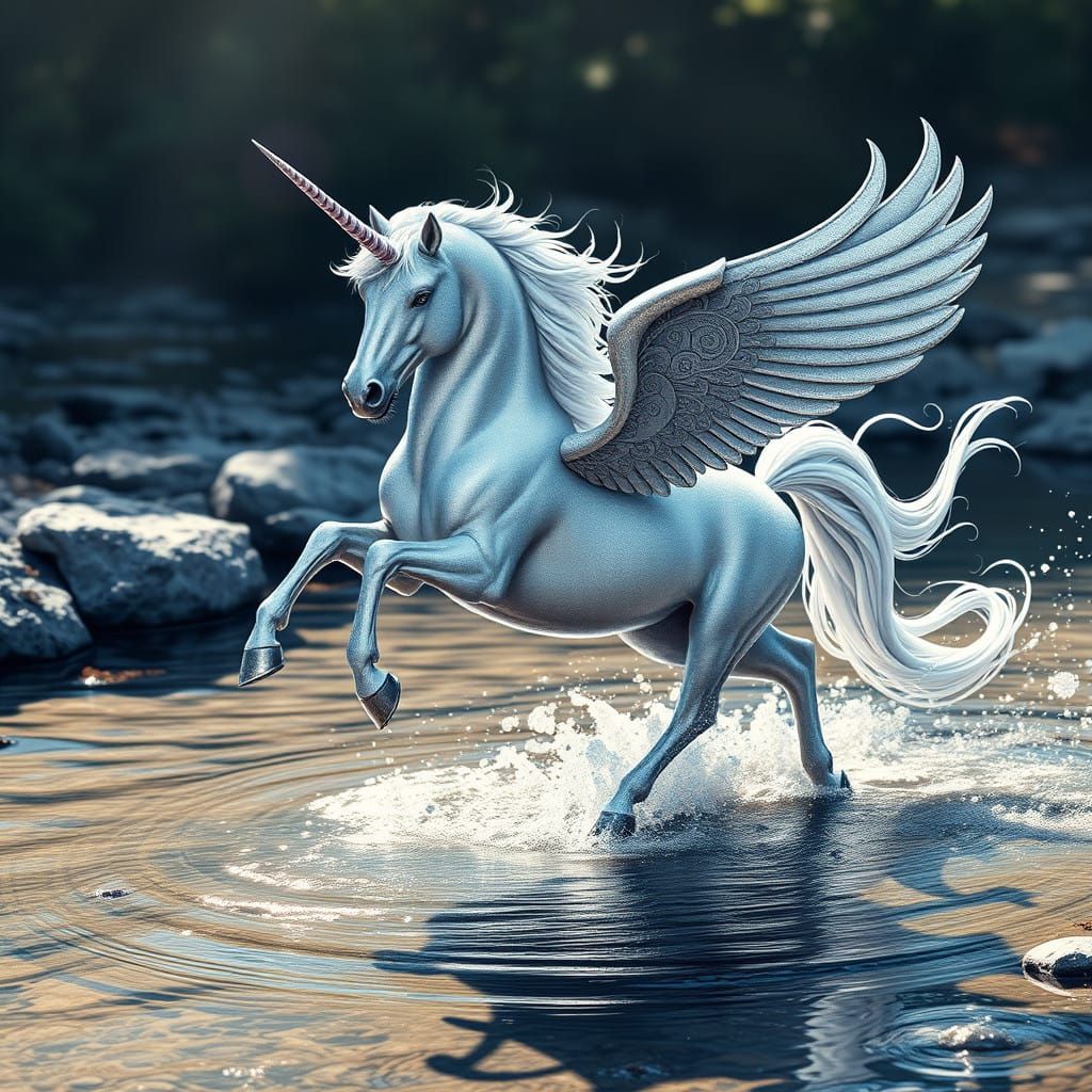 Majestic Unicorn Leaps Over Serene Brook in Vibrant, Digital...