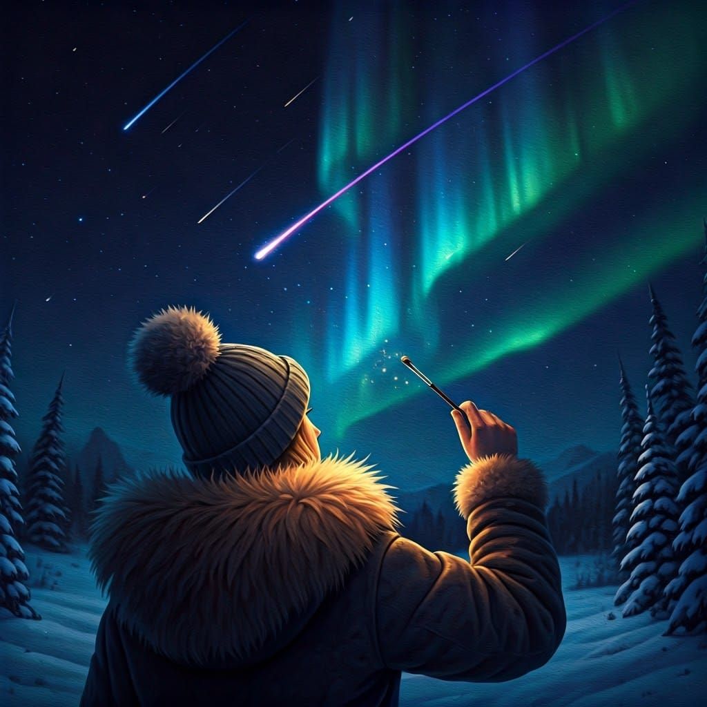 Artist Painting Northern Lights in Winter Landscape