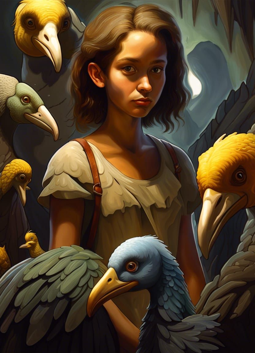 Intricate Dodo-Girl Hybrid in Dynamic Lighting