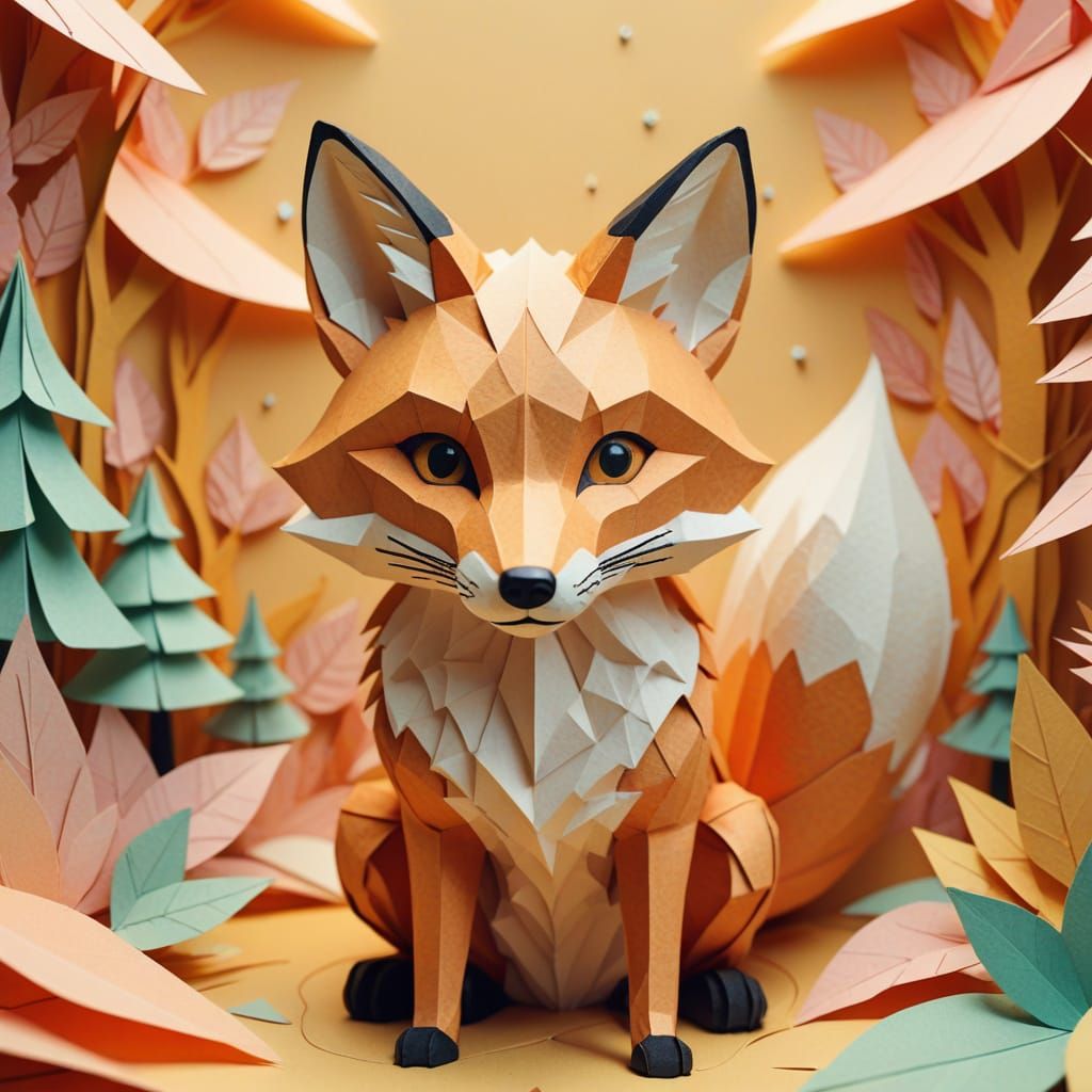 Paper Fox in Paper World: Digital Art Illustration