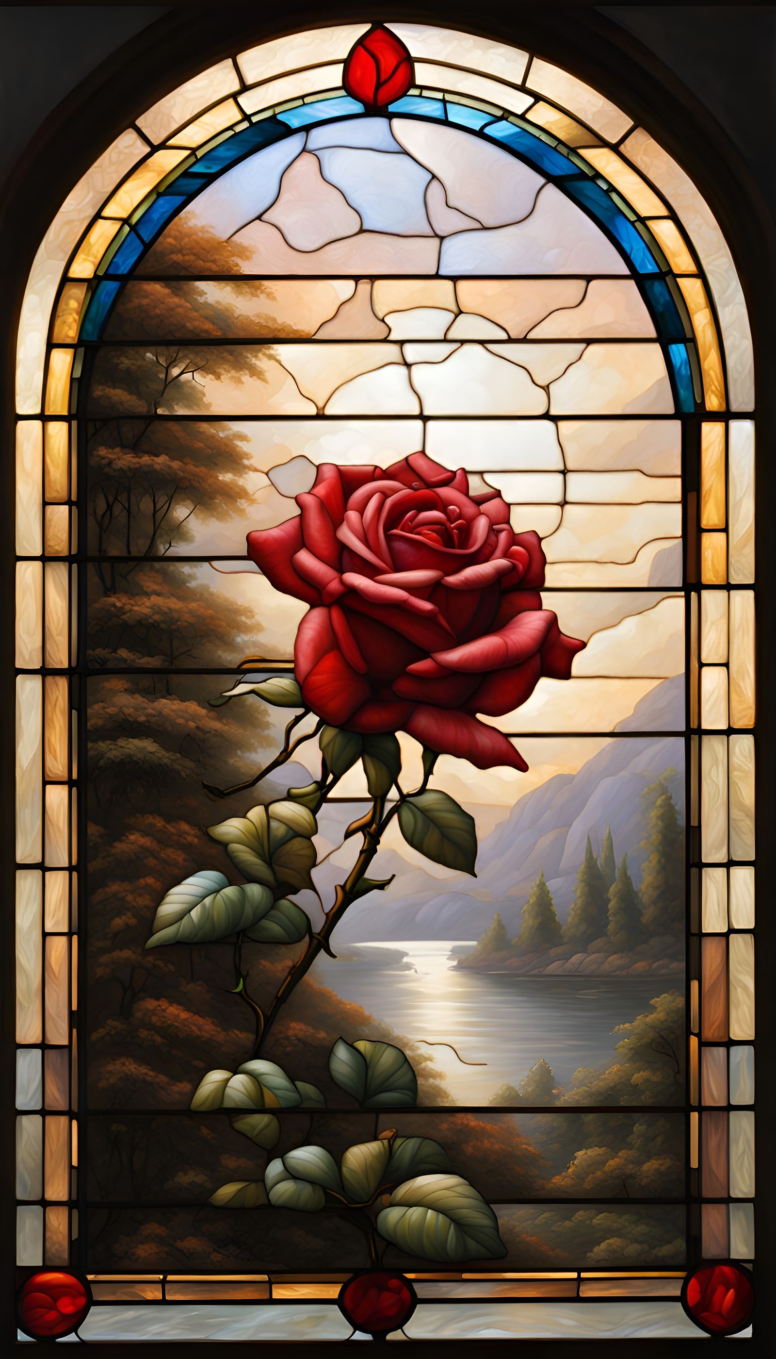 Stained Glass Rose in Hudson River School Style