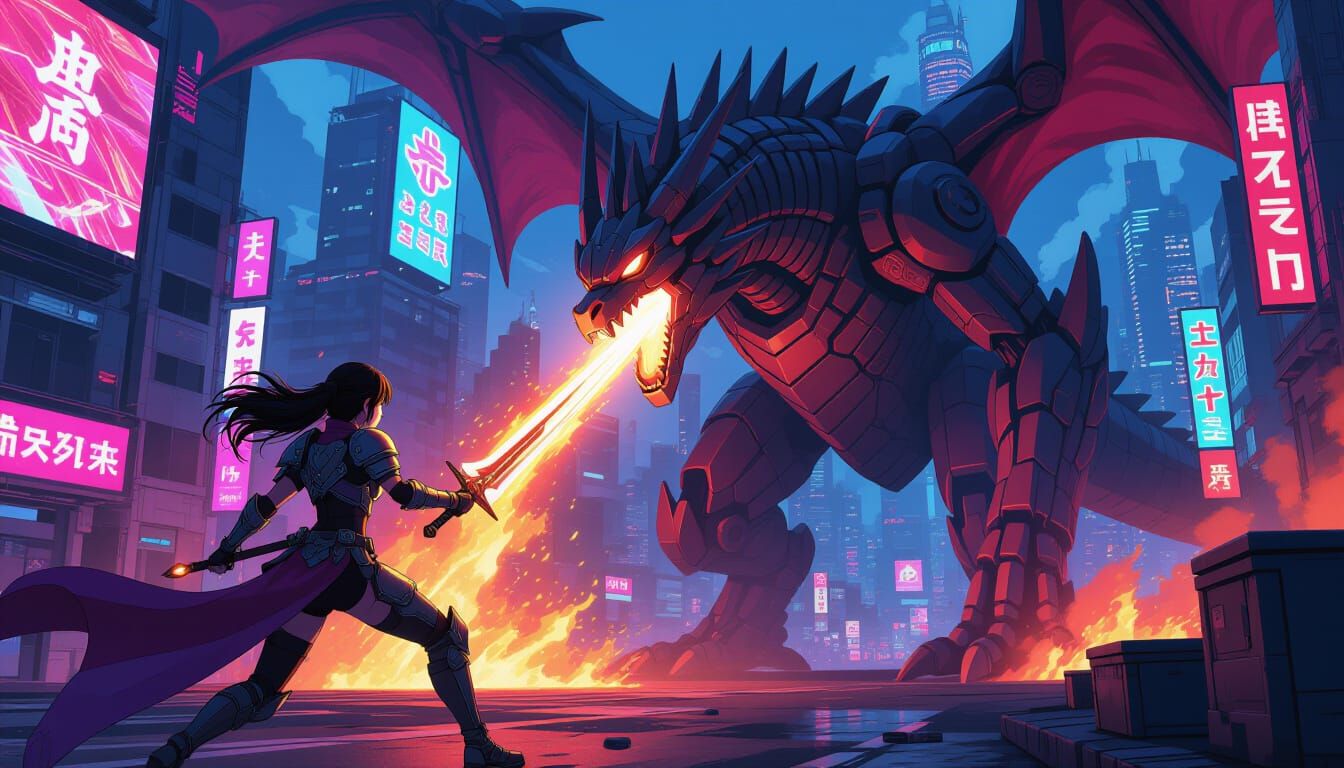 Cyberpunk Anime Warrior Fights Robot Dragon