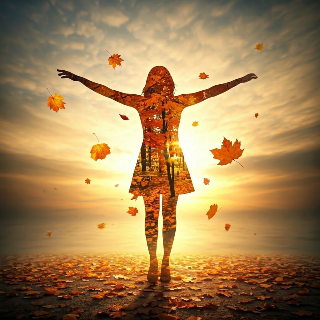 Double Exposure: Dancing Woman in Autumn Leaves