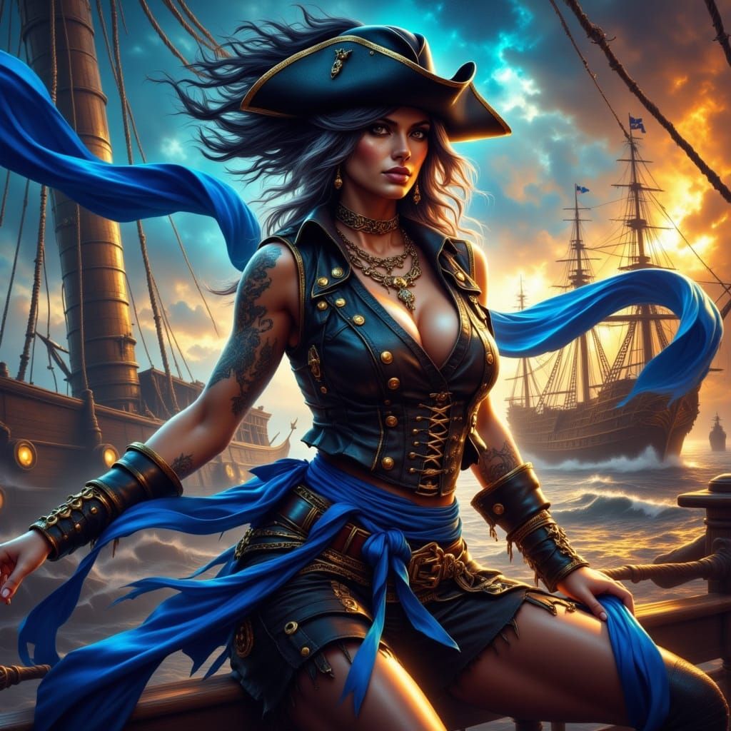 Female Pirate in Action Amidst Nebula Cityscape