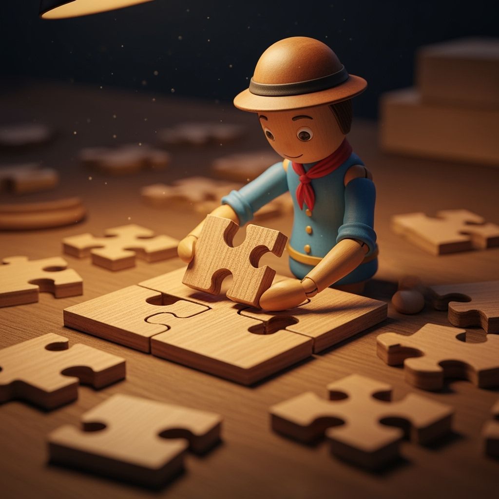 Wooden Puzzle Man Assembling Intricate Puzzles in Storybook ...