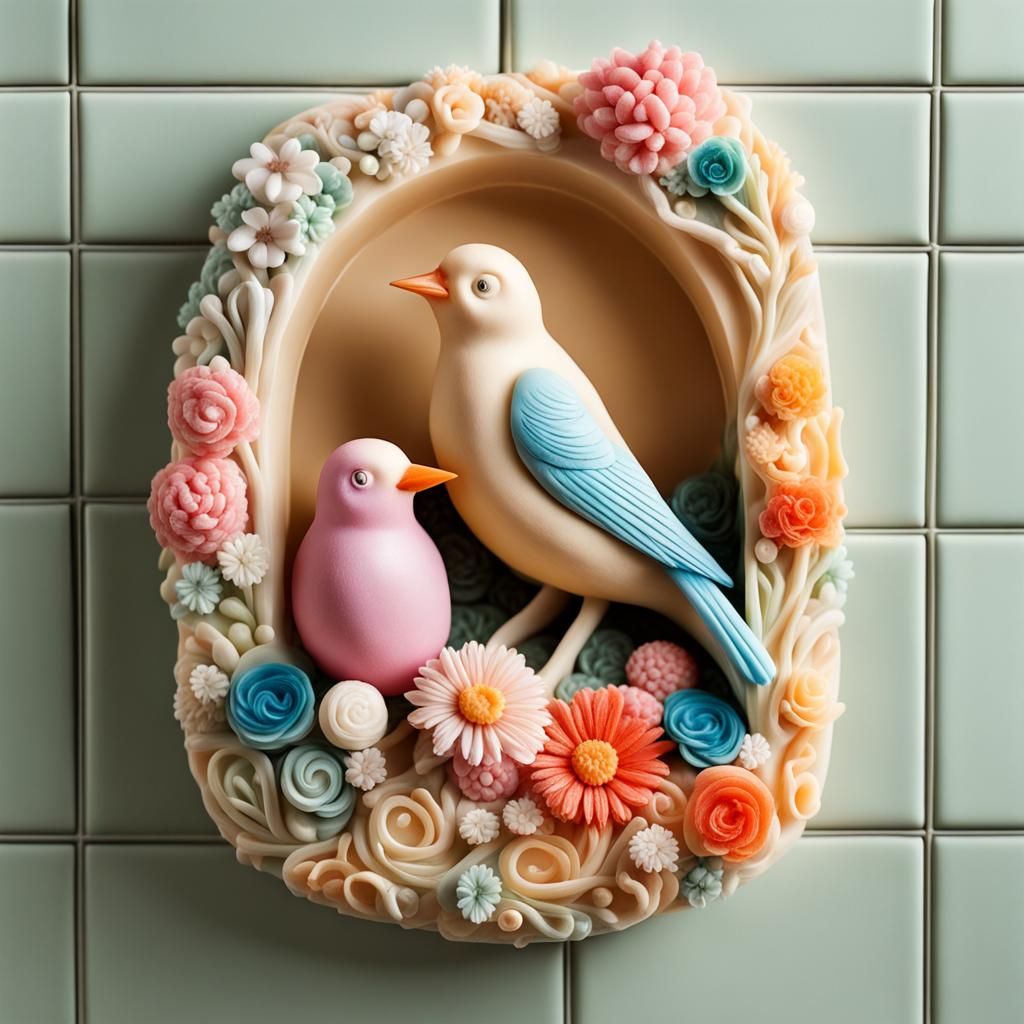 Colorful Soap Carving of Bird, Nest and Flowers