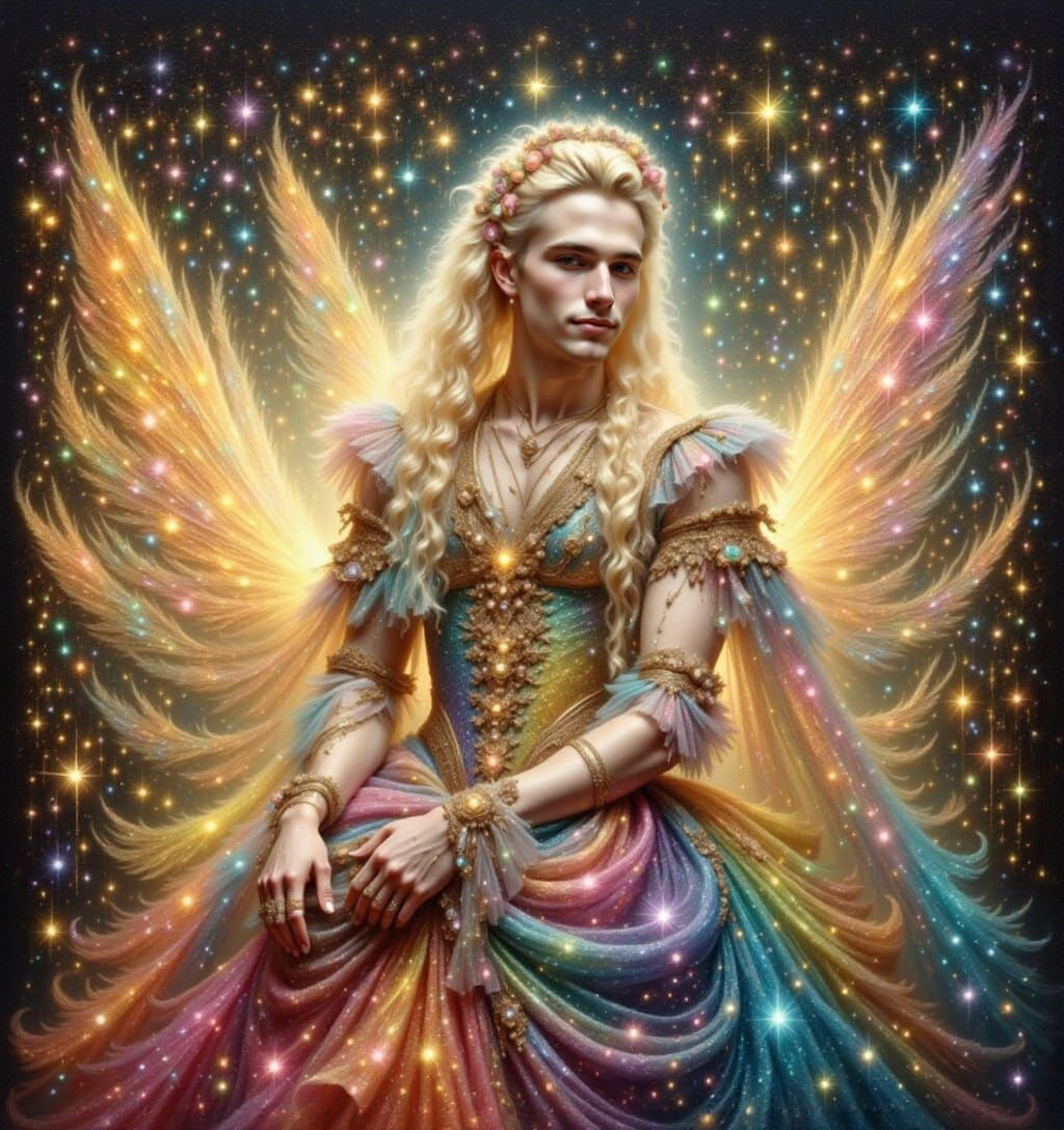 Sparkling Gay Man in Rococo Princess Dress as Renaissance Pa...