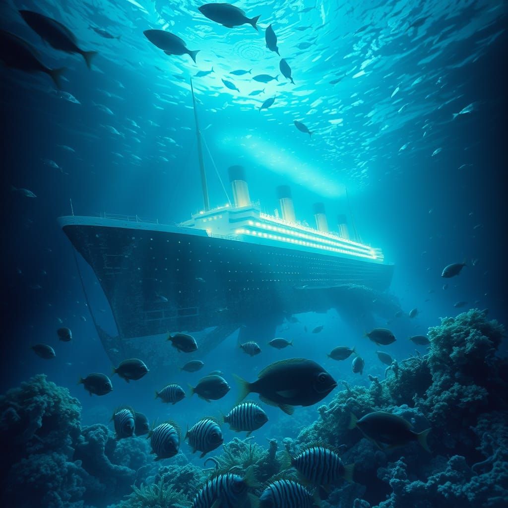 Majestic Titanic Shipwreck in Ethereal Blue-Green Glow