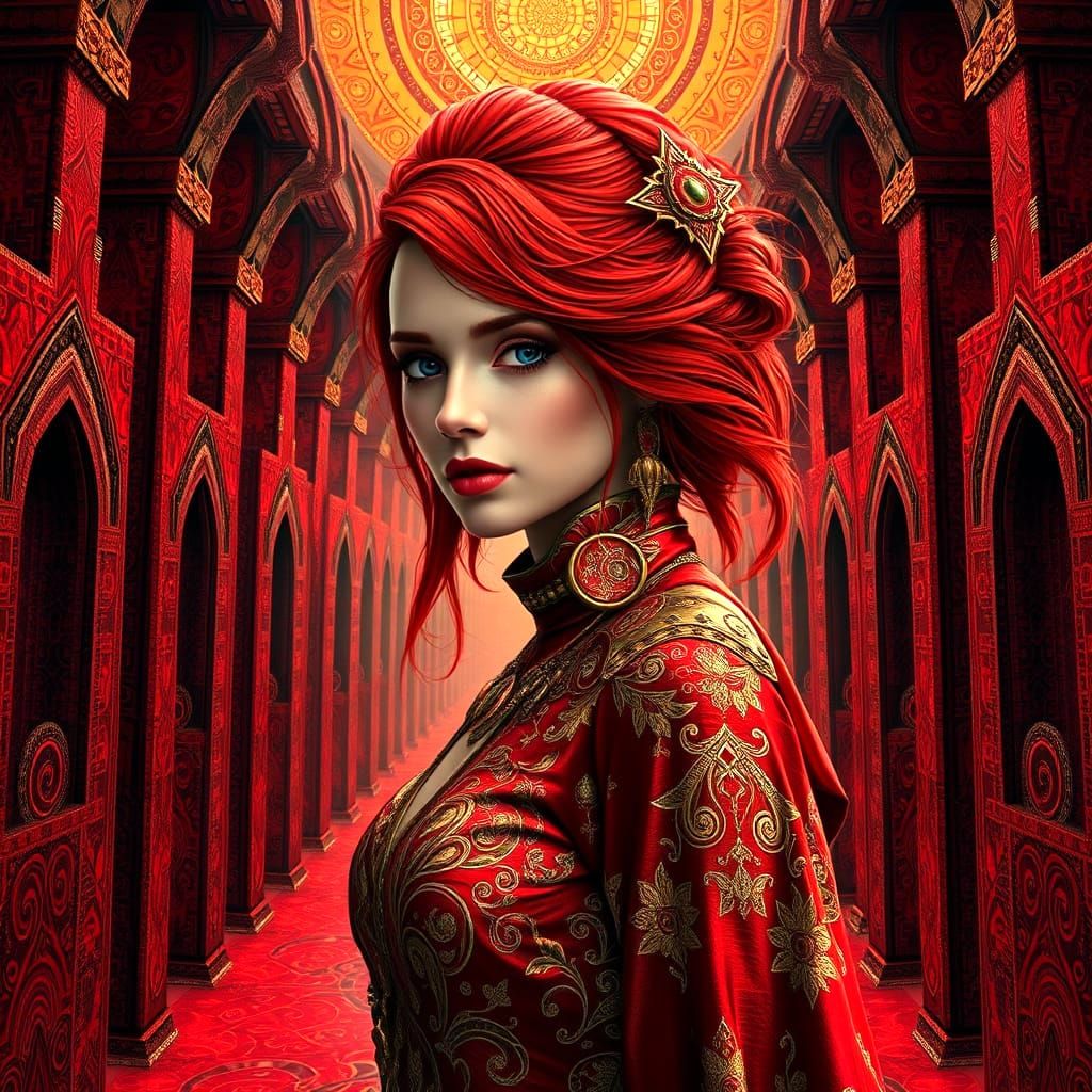 Crimson Haired Woman in Escher Style Architecture