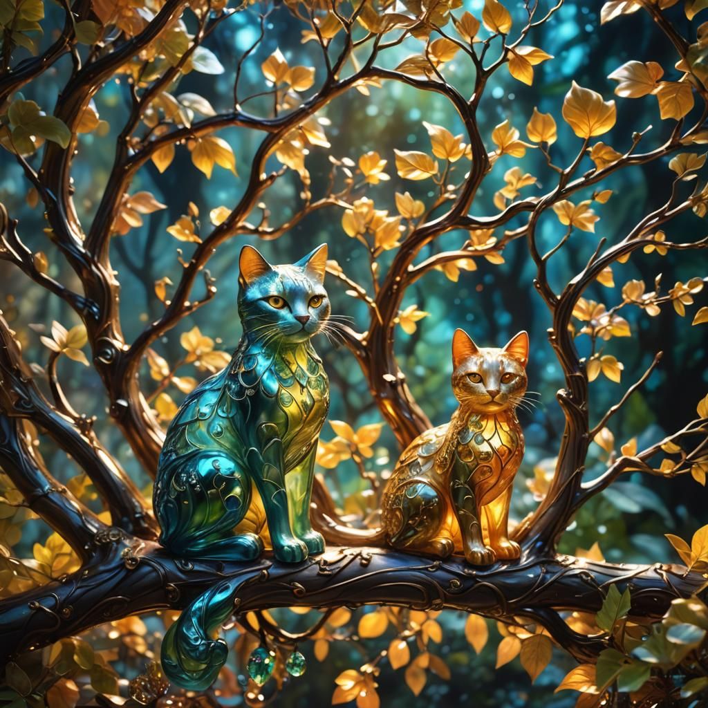 Glass Cat Family in Bioluminescent Fantasy Art