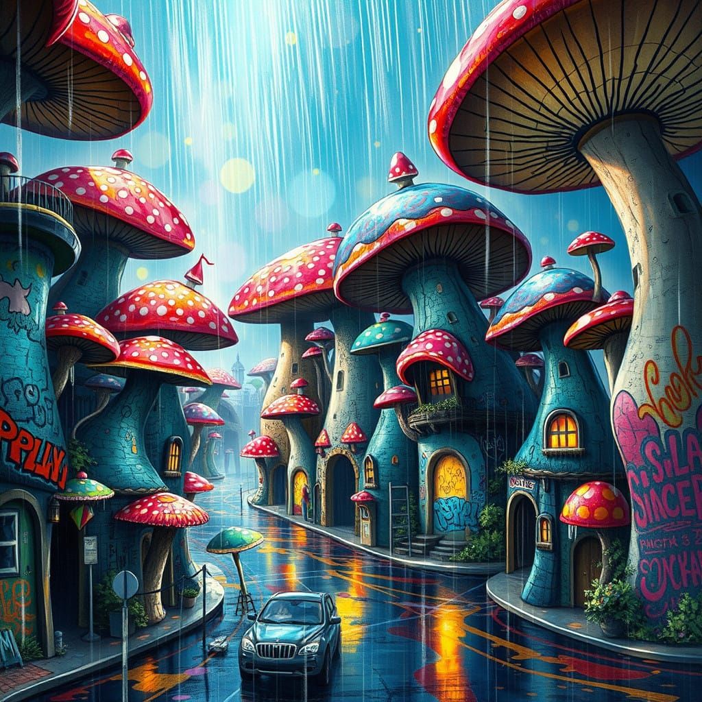 Whimsical Mushroom City in Ethereal Rainscape
