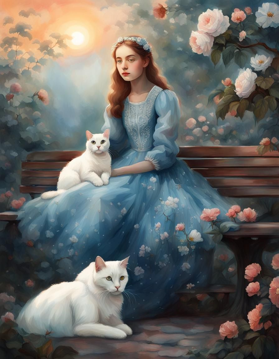 Girl, Cat, and Begonia at Sunset: Fantasy Art