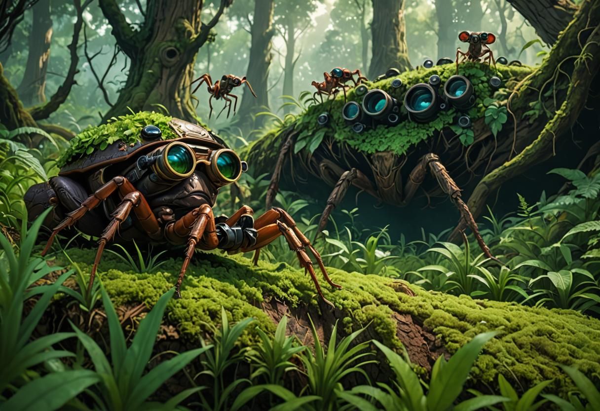 Scout Ant Observes Spider Lair in Art Nouveau Style