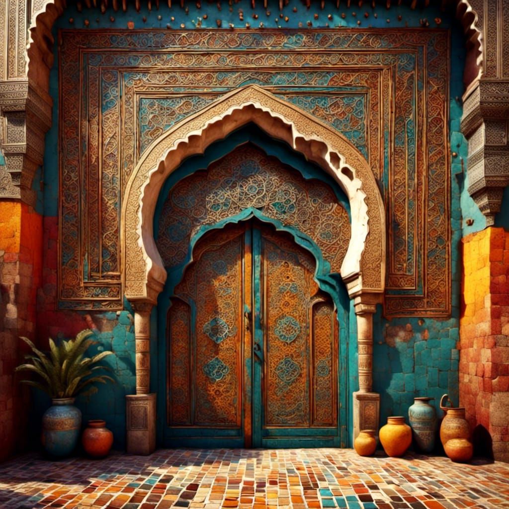Moroccan Door at Fez Bazaar in Hyperrealistic Style