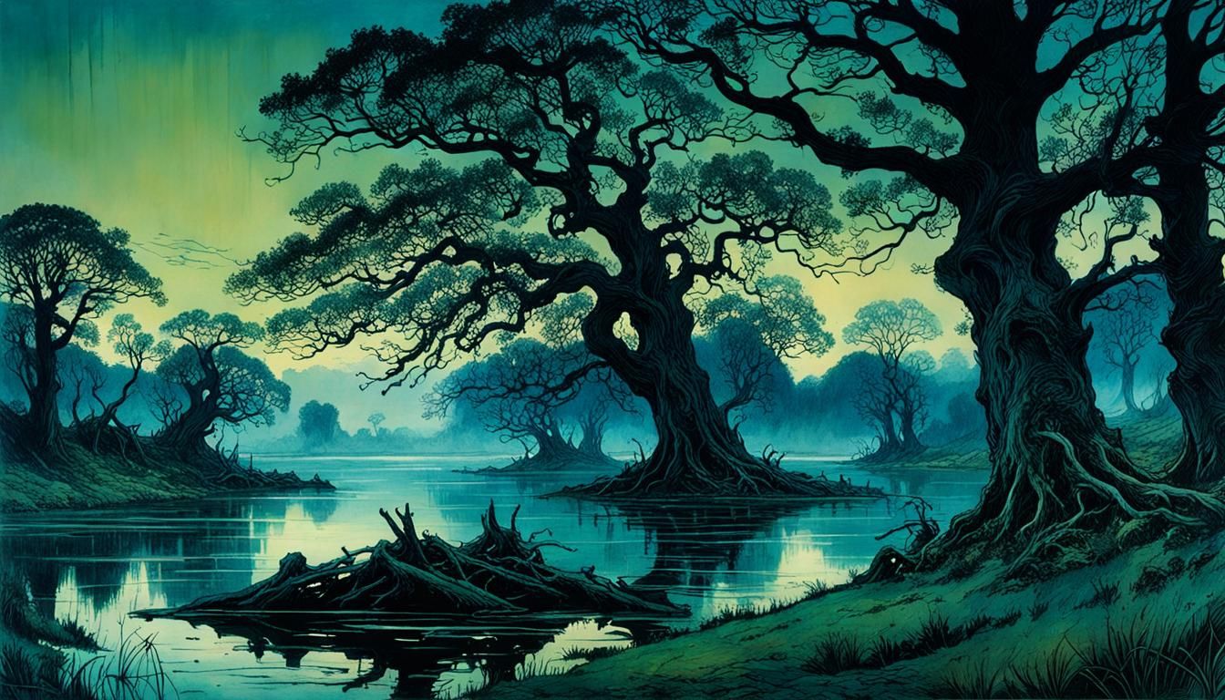 Entangled Oak Trees Reflect on Lake