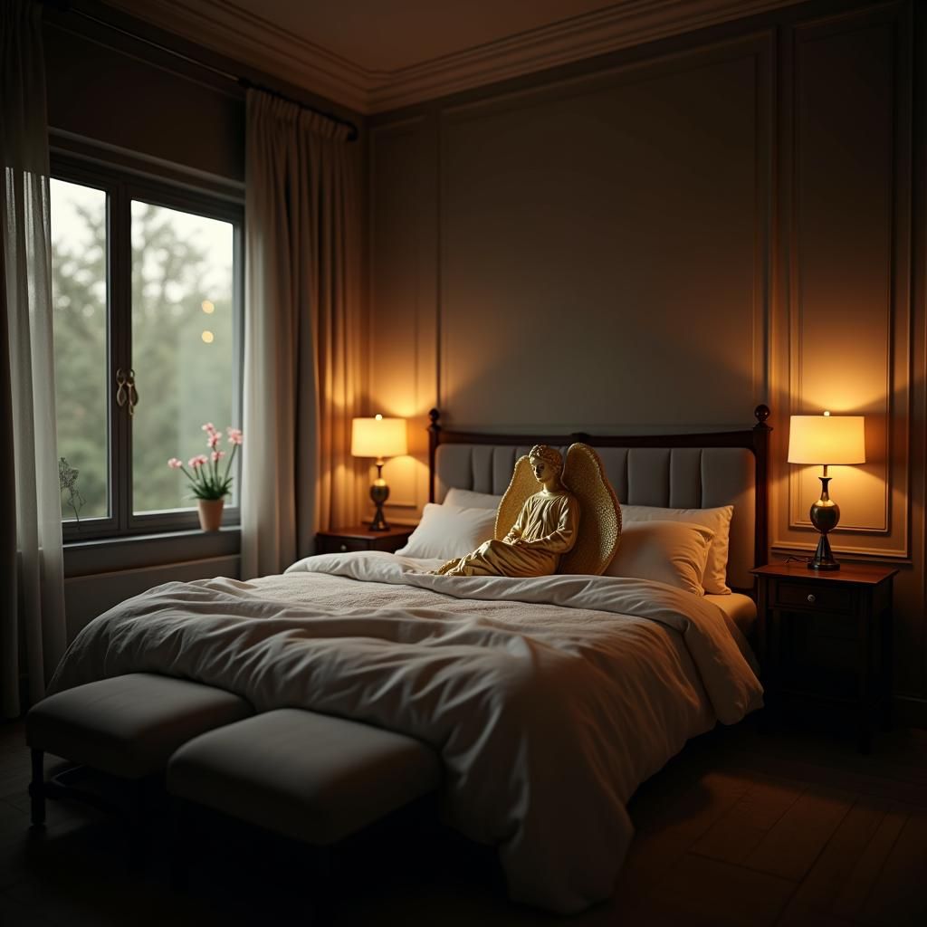 Elegant Bedroom with Golden Angel Figurine